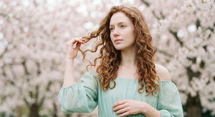 Naklejka premium Woman in mint green dress posing in front of blooming cherry blossoms