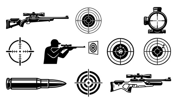 Shooting range and target practice icons set, sniper aim and bullet silhouette vector.