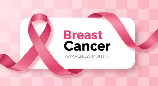 Breast cancer awareness month banner with pink ribbon on white background