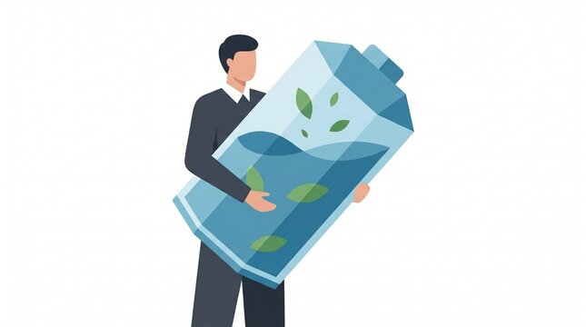 Flat vector illustration of a businessman holding a large transparent battery filled with water and green leaves representing eco-friendly renewable energy