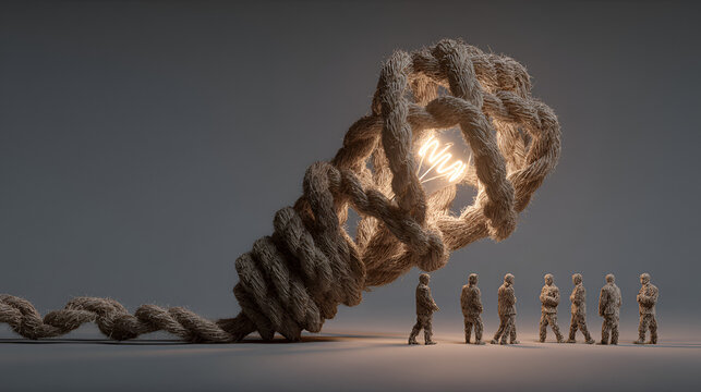Group Think as a a lightbulb formed from intertwined ropes suggests an idea born from shared strength collective thinking and tightly connected team collaboration. Stock Illustration