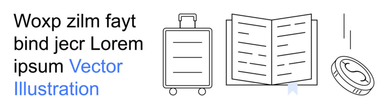 Travel planning, financial budgeting, vacation preparation, reading, currency, global journey. Image features a suitcase, an open book and a coin. Travel planning and financial budgeting concept