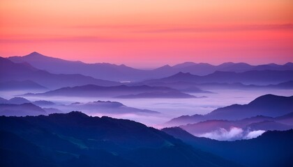 Fototapeta premium stunning layered mountain range bathed in vibrant pink and purple sunrise hues with soft morning mist creating a serene breathtaking natural vista