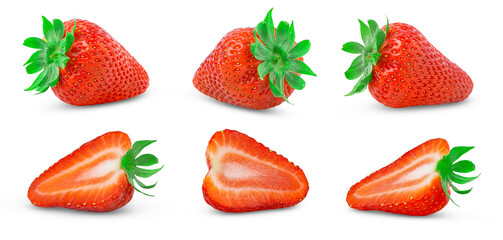 Fresh strawberries isolated on white background, set. Whole and sliced strawberry berry fruit. © Oleh