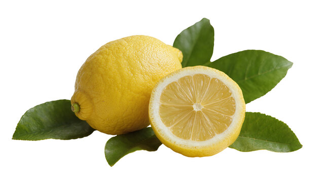 Whole and Sliced Yellow Lemon with Fresh Green Leaves