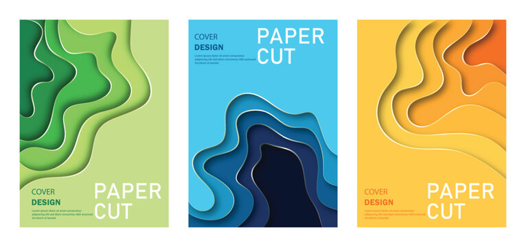 Modern Abstract Papercut Wave Background Set with Layered Organic Shapes and Smooth Gradient Flow, Creative Vector Cover Templates for Posters, Flyers, Banners and Social Media Design