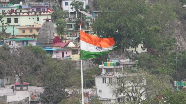 Indian National Flag Waving with Temple and Hill Town Background, 4K