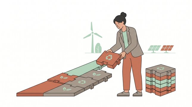 Flat vector illustration of a woman using recycled modular building blocks representing circular economy and sustainable construction with renewable energy symbols