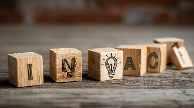Innovation and change management concept with wooden blocks representing ideas, learning, strategy, workflow, planning, and continuous improvement for business development