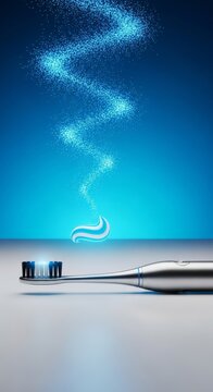 A futuristic electric toothbrush rests on a clean surface while glowing blue digital particles materialize into a perfect swirl of paste, science, wellness, white