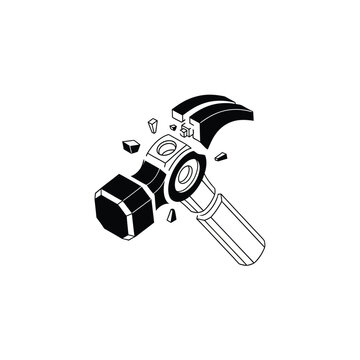 Isometric Broken Hammer Illustration Shattering into Pieces - Conceptual Graphic of Tool Failure and Deconstruction on White Background