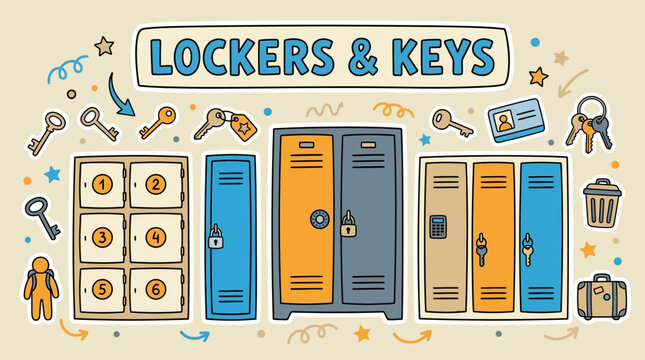 hand-drawn locker and key-themed vector illustration on a soft cream background