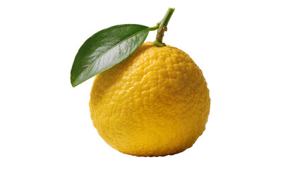 Yellow textured Yuzu citrus with green leaf and stem © Vetle