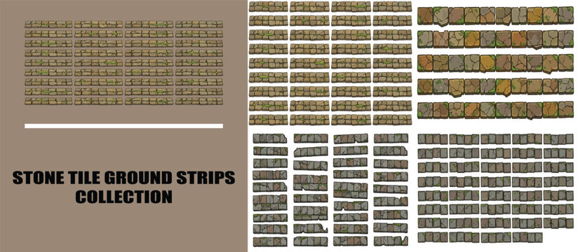 Stone tile ground strips collection, seamless rock pavement textures for game design, modular cobblestone path vector set, brown masonry floor patterns