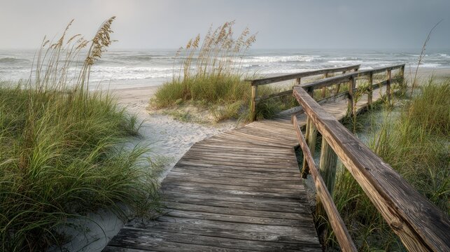 Wooden boardwalk leading to the ocean on a cloudy day