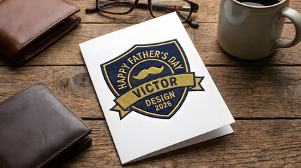 Naklejka premium Fathers Day design template on wooden desk with coffee mug and glasses