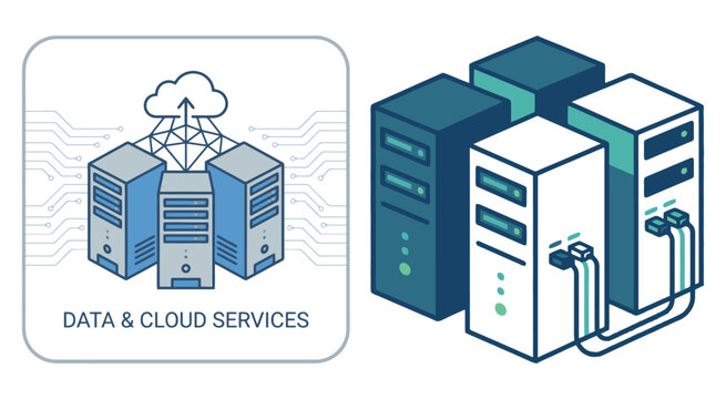 Data and cloud services with server computer towers and network technology