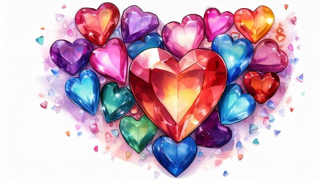 png colorful heart shaped gemstones sparkle white background