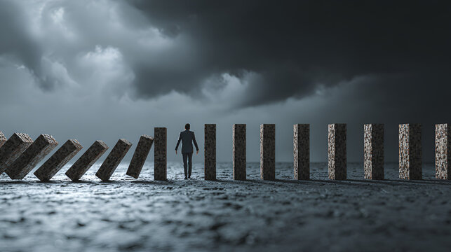 Man stopping falling domino effect to prevent disaster at the last moment, personal responsibility and resilience, 3d render Stock Illustration