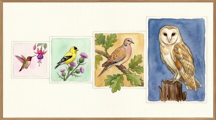 Naklejka premium Beautiful collection of watercolor bird illustrations featuring a hummingbird, goldfinch, dove, and barn owl in a vintage naturalist style on a clean white background