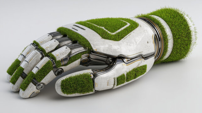 Eco inspired robotic hand covered with green grass textures representing sustainable technology, artificial intelligence, environmental innovation, and futuristic robotics. Creative high tech concept 