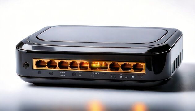 Black network switch with multiple ports for connectivity.