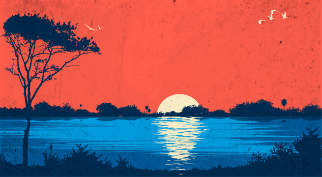 Retro vintage sunset landscape silhouette with trees birds water reflection lake nature art vectors