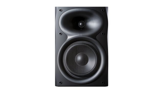 Black rectangular bookshelf speaker with woven cone and dome tweeters