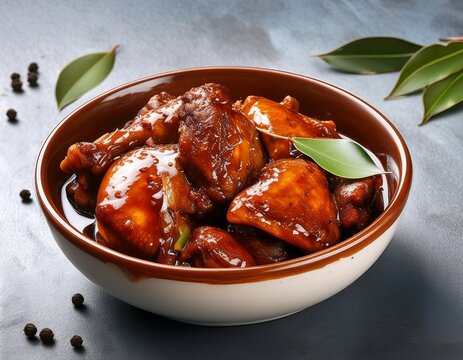 a bowl of richly glazed chicken adobo with bay leaves and peppercorns