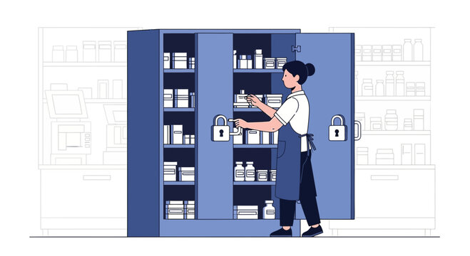 Pharmacist Organizing Medicine Cabinet with Locked Shelves in Pharmacy or Laboratory