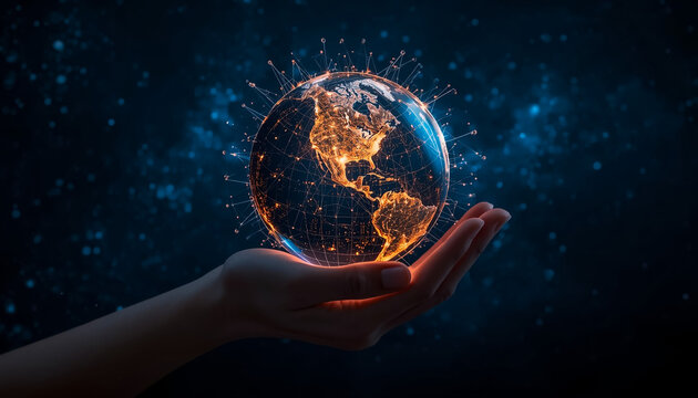 Hand holding digital earth globe with network connections in space