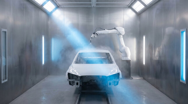 Automotive paint shop interior where a single robotic arm glides across a glossy white car body in slow arcs, the surrounding booth walls sh