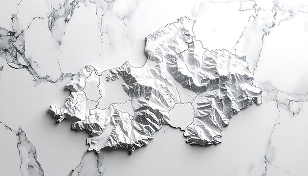 Abstract 3D topographic map rendered in metallic silver and white, with a subtle marble texture background, conveying digital landscape or data visualization