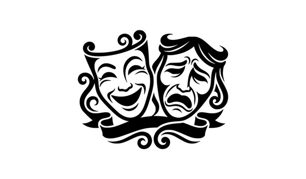 Comedy and tragedy theater masks silhouette, drama and performance art symbol.