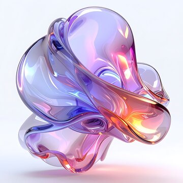 Abstract amorphous translucent sculpture with iridescent highlights and fluid shapes, dynamic swirling form, 3D render