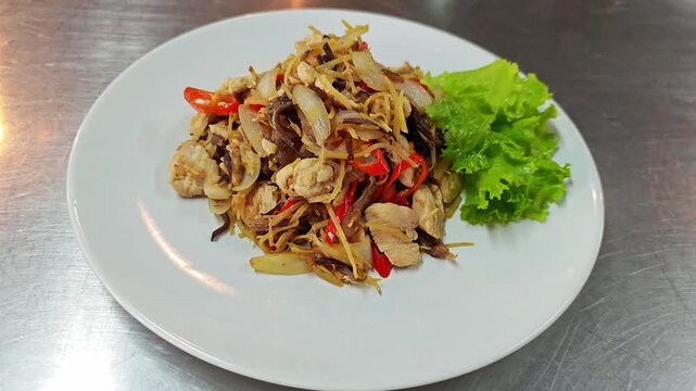 Close-up of traditional Thai food named Pad Khing Gai ready to eat.