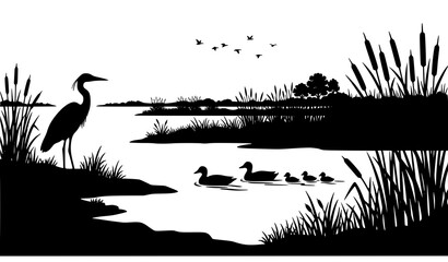 Fototapeta premium Silhouette of a heron by the lake with ducks, wetland nature landscape with reeds.
