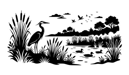 Naklejka premium Nature landscape silhouette with heron and ducks, tranquil lake and forest scenery.