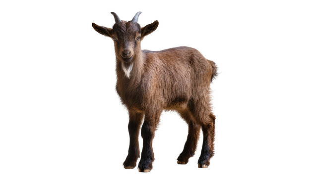 Brown shaggy young goat standing looking to side