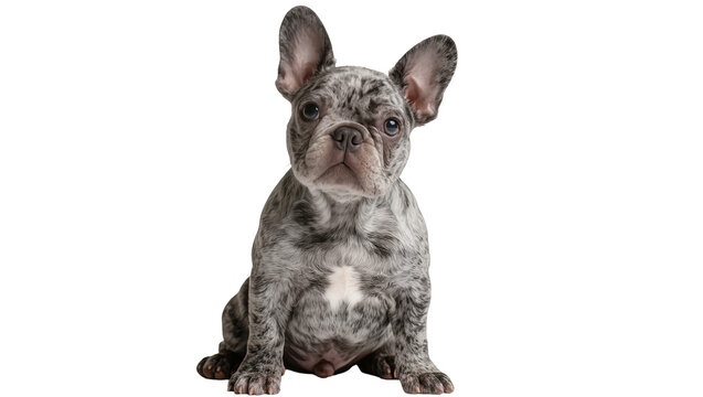 Merle French Bulldog Puppy Sitting with Large Ears and Spotted Coat