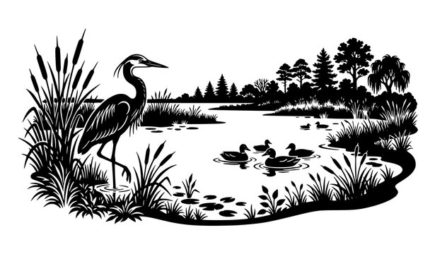 Wildlife nature scene with water birds and forest, heron in wetland silhouette art.