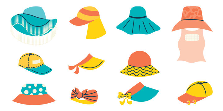 Women's summer sun hats and visors collection, vector fashion headwear set.