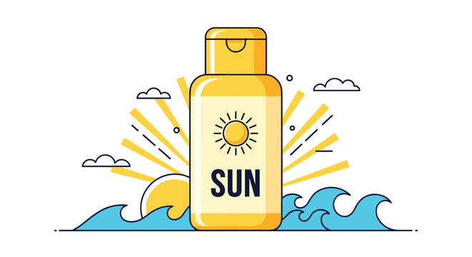 Bottle of sunscreen with a sun logo set against a summer background of ocean waves and a bright yellow sunburst.