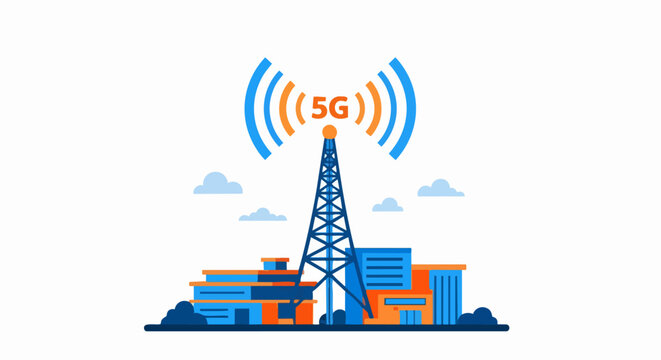 5G Network Cellular Tower Illustration with Signal Waves over Modern City Buildings; High-Speed Wireless Technology and Global Connectivity Concept for Mobile Telecommunications