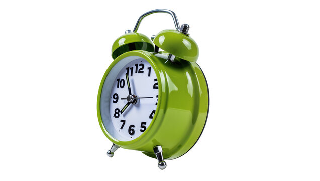 Bright green vintage style alarm clock with silver accents and white face