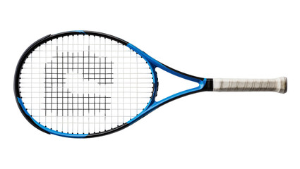 Obraz premium Blue Black Framed Tennis Racket with Gray Grip and Strings