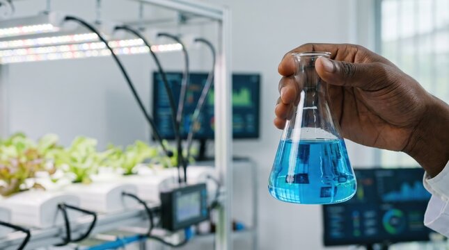 Black male scientist holding a glass flask of blue chemical liquid in a modern vertical farm hydroponic laboratory