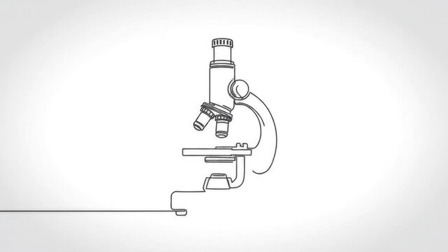Single continuous line drawing of a scientific microscope with rotating lenses and stage on white background