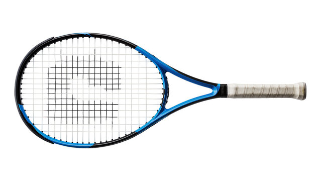 Blue Black Framed Tennis Racket with Gray Grip and Strings