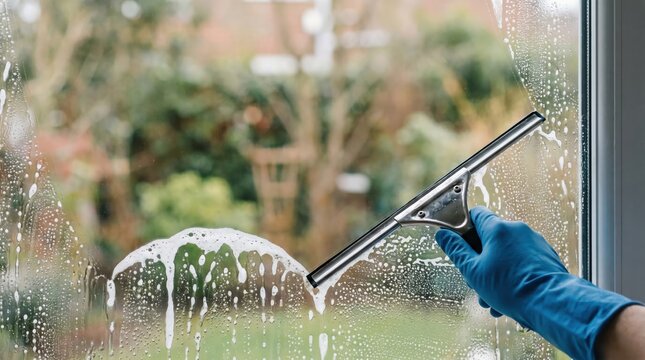 Hand in blue rubber glove using a professional squeegee to clean soapy foam off a residential glass window pane